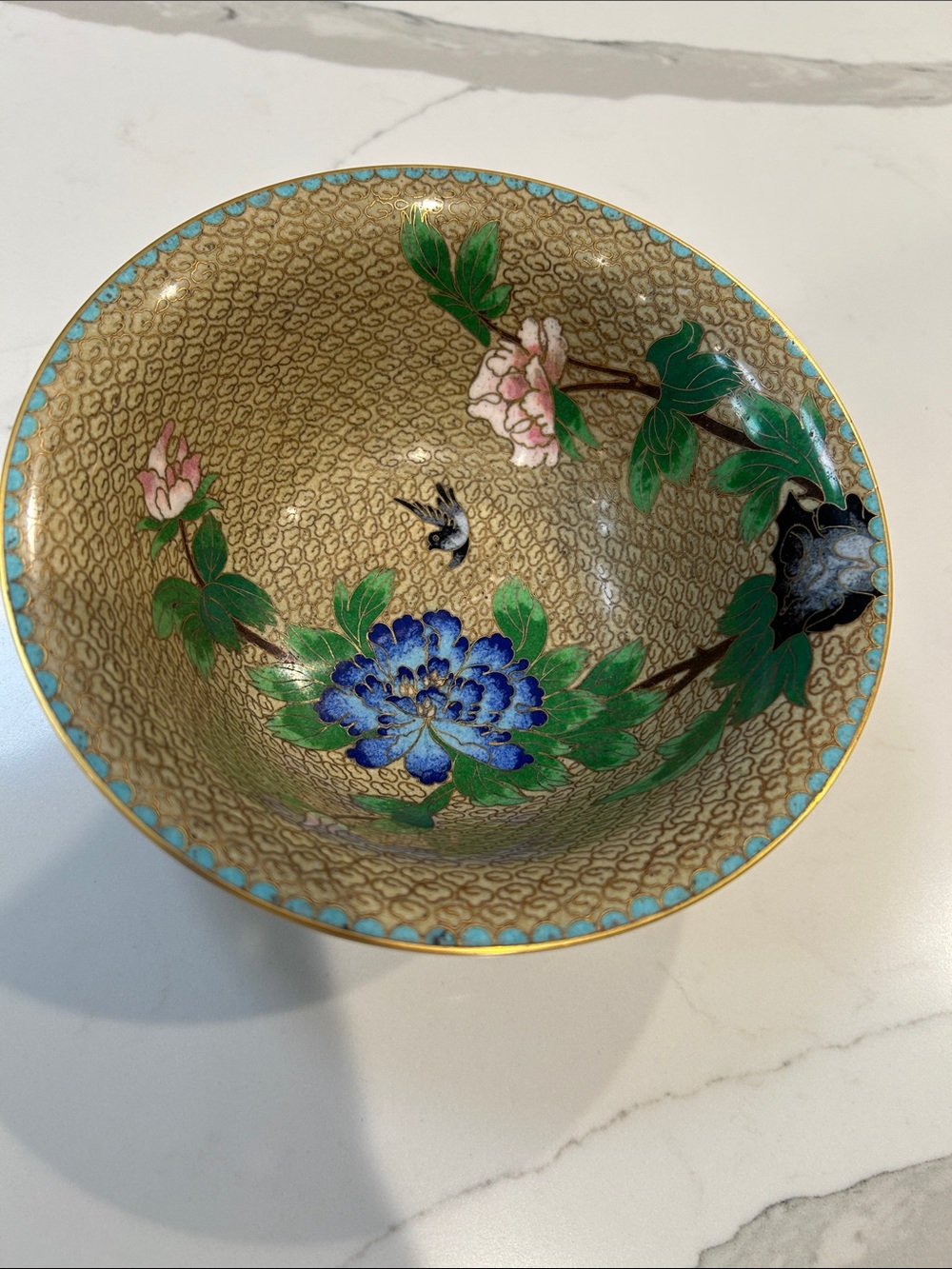 Vintage Brass Cloisonné Decorative Bowl with Blue & Green Floral Motif